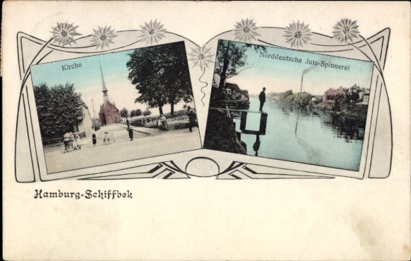 Passepartout Ak Hamburg Mitte Billstedt Schiffbek, Kirche, Norddeutsche Jute-Spinnerei