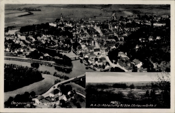 Postcard Donauwörth in Swabia, Reich Labor Service Department 8/304, aerial photograph