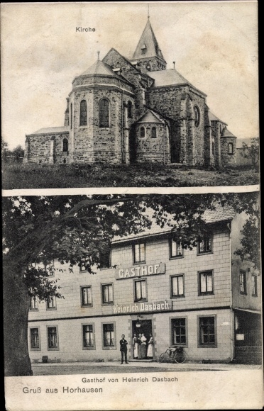 Postcard Horhausen in the Westerwald, church, inn