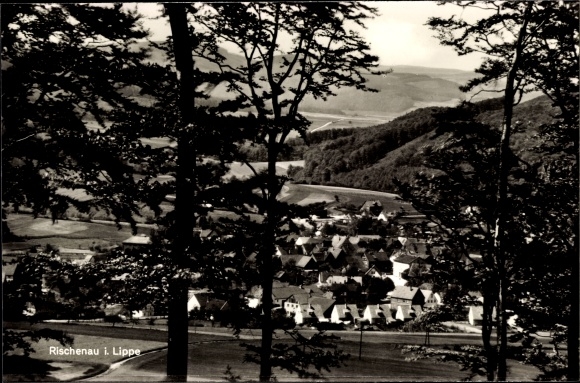 Postcard Rischenau Lügde in the Weserbergland, view from the Scharpenberg on the place