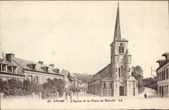Postcard Yport Seine Maritime, church, market square