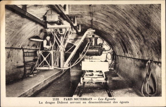 Postcard Paris, Souterrain, les Egouts, the Diderot dredger used to de-silt the sewers