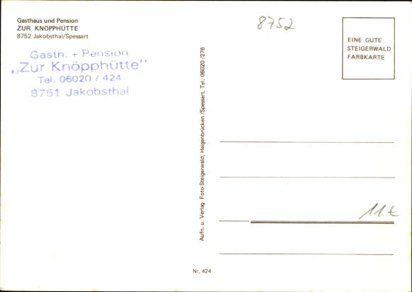 Postcard Jakobsthal Heigenbrücken in the Spessart Lower Franconia, GasthausZur Knöpphütte