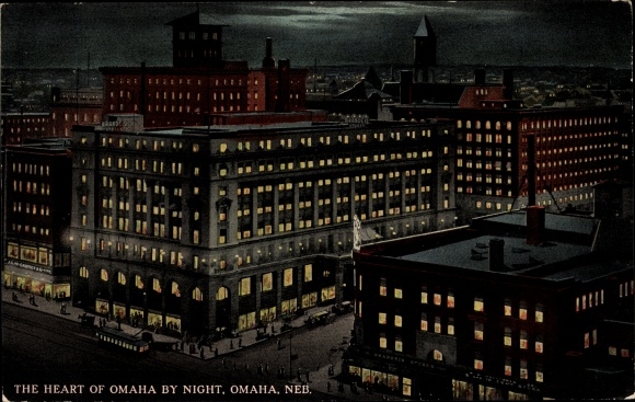 Ak Omaha Nebraska VS, centrum, nachtverlichting