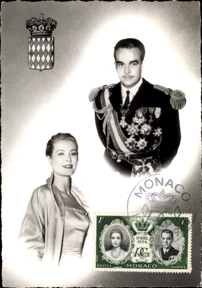 Postcard Grace Kelly, Grace Patricia Grimaldi, Rainier III., coat of arms