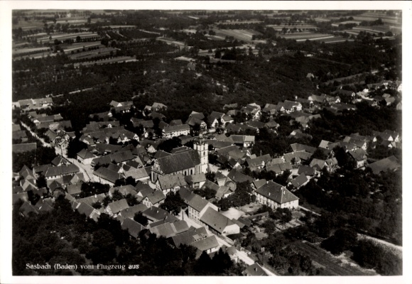 Postcard Sasbach in the Ortenau region, aerial view of Sasbach, houses, church tower, rural surroundings