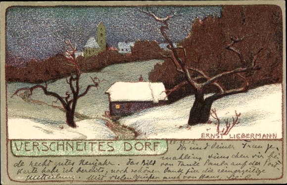 Artist Chromo-Litho Liebermann, Ernst, Snowy Village