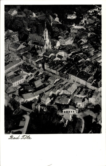 Postcard Bad Tölz in Upper Bavaria, aerial view of cityscape, church, houses