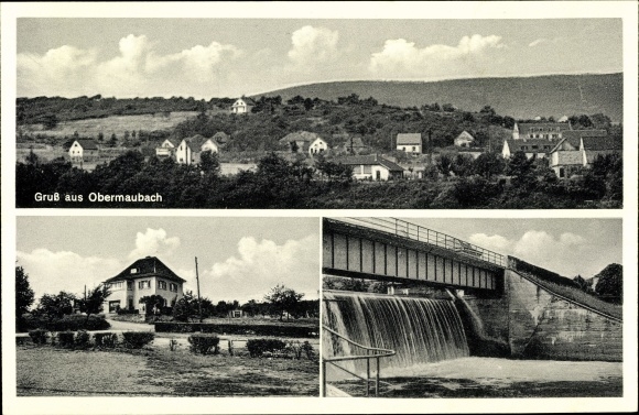 Ansichtkaart Obermaubach Kreuzau in de Eifel, totaal, warenhuis Franz Walter, stuw
