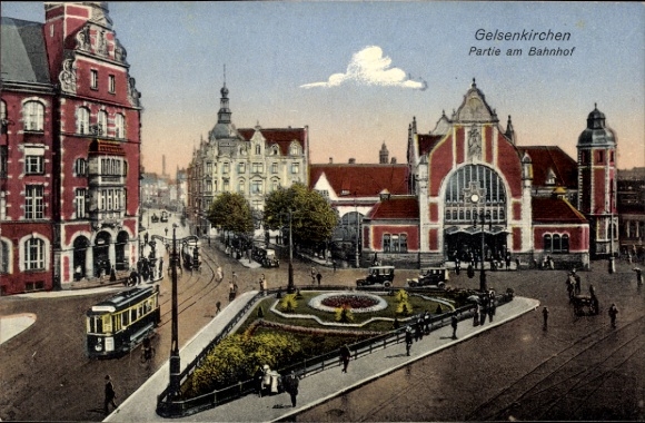 Postcard Gelsenkirchen in the Ruhr area, train station, tram
