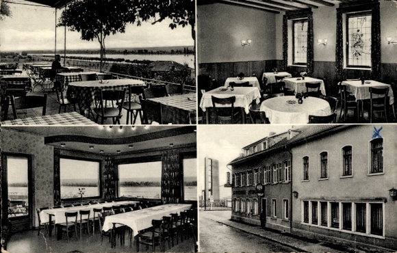 Ak Mittelheim Oestrich Winkel am Rhein Rheingau, Hotel Rheinterrasse Ruthmann, Gastraum, Terrasse