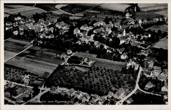 Postcard Laupheim in Upper Swabia, aerial view of Burgleden, residential buildings, fields, church