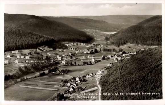 Postcard Höfen an der Enz Black Forest, climatic health resort Enzklöster, 600 m above sea level, aerial photograph, forest, mountains