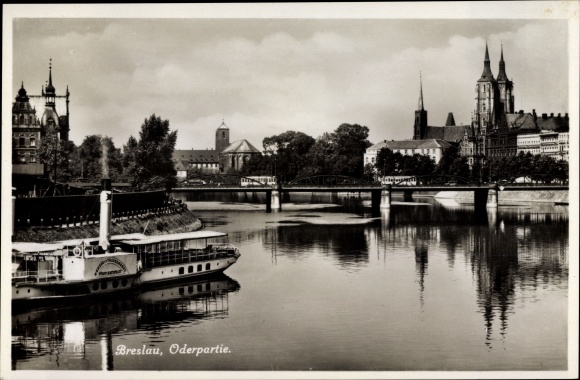 KP Wrocław Breslau in Schlesien, Oderpartie, saloon parowiec Książę v. Hatzfeldt, książę Trachtenbergu