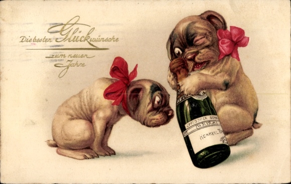 Postcard Happy Birthday, puppies open champagne bottle