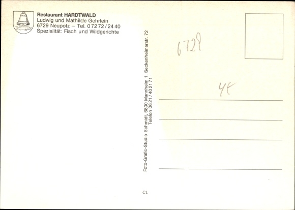 Postcard Neupotz in der Pfalz, Restaurant Hardtwald, guest rooms, fields with church