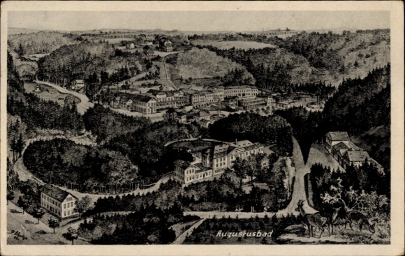 Postcard Augustusbad Radeberg in Saxony, view of a vast landscape, mountains, buildings,