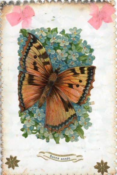 Material Ak Glückwunsch Neujahr, Schmetterling, Blumen, Stoffschleifen