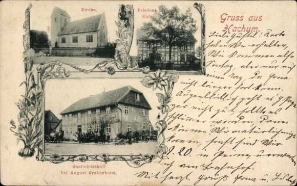 Postcard Hachum Evessen Lower Saxony, church, peace oak, restaurant