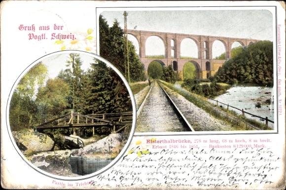 Passepartout Postcard Jocketa Pöhl Vogtland, Elstertal Bridge, Triebtal, railway line