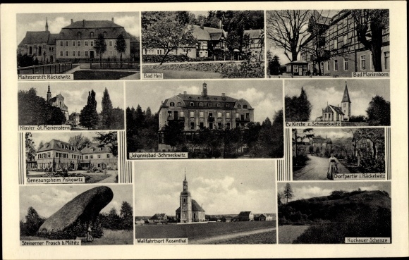 Postcard Schmeckwitz Oberlausitz, Ev Church, Malteserstift Röckelwitz, Bad Heil, St Marienstern Monastery,
