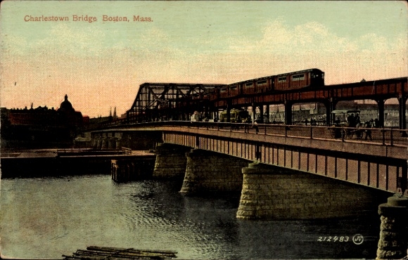 Ak Charlestown Boston Massachusetts USA, Charlestown Bridge, brug, trein, water, scène, Massachussetts