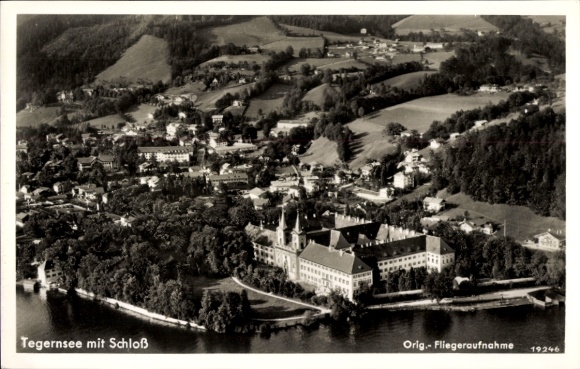 Postcard Tegernsee in Upper Bavaria, aerial photograph with castle