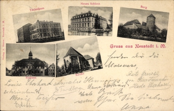 Postcard Neustadt Glewe in Mecklenburg, castle, new palace, technical college, town hall, church