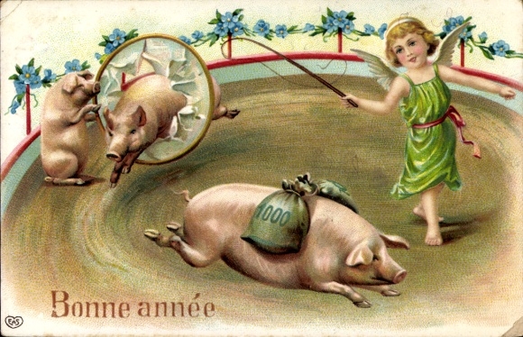 Embossing Postcard Happy New Year, angels and pigs in the circus, dressage, forget-me-not, money bag