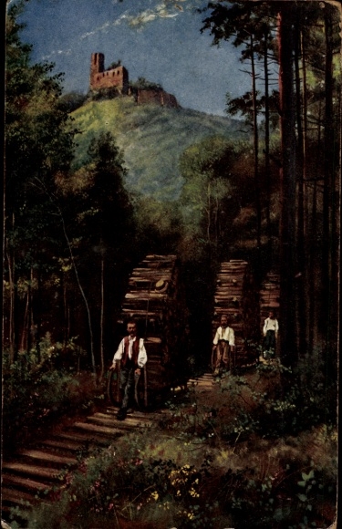 Artist Postcard Hoffmann, H., Andlau Alsace Bas Rhin, wooden sledge near the ruins of Spesburg
