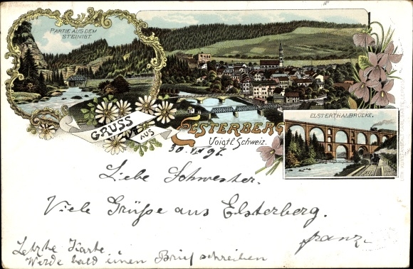 Litho Elsterberg an der Weißen Elster Vogtland, Partie aus dem Steinigt, Elsterthalbrücke, Ortschaft