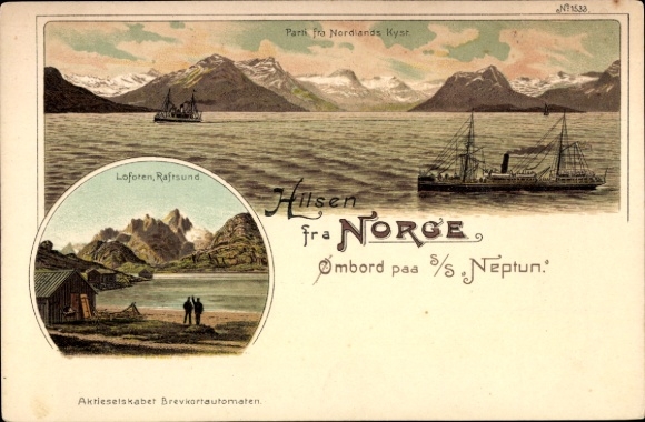 litho Raftsund Lofoten Noorwegen, kust van Nordland, stoomschip SS Neptun