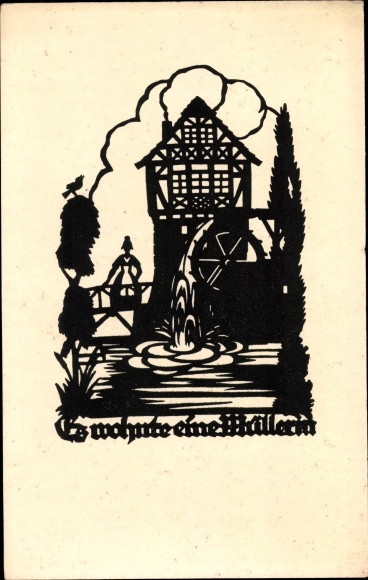 Paper cut Postcard Schwindt, AM, A miller lived, water mill