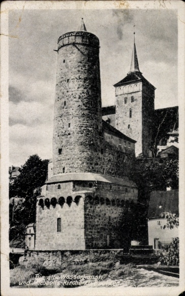 Postcard Wachau Wachow in the district of Bautzen, tower, church, architecture, black and white photo