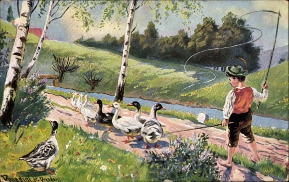 Artist Postcard Donadini, Goose herder with geese