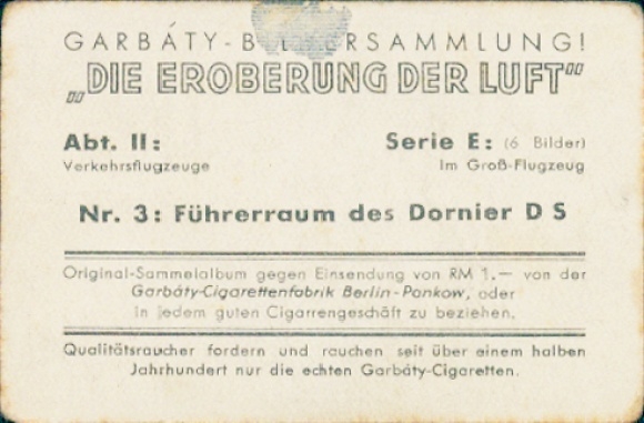 Collector's card The Conquest of the Air, Section II Series E No. 3, Dornier DS cockpit