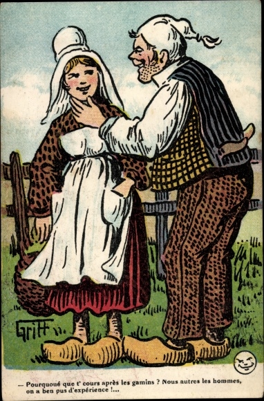 Artist Postcard Griff, French peasants in costume
