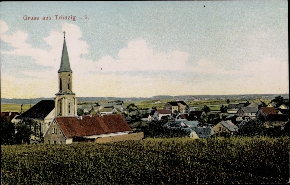 Ak Trünzig Langenbernsdorf in Sachsen, Blick auf den Ort, Kirche