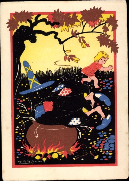 Artist Postcard Schermelé, Willy, Hansel and Gretel, fairy tales, Brothers Grimm, witch