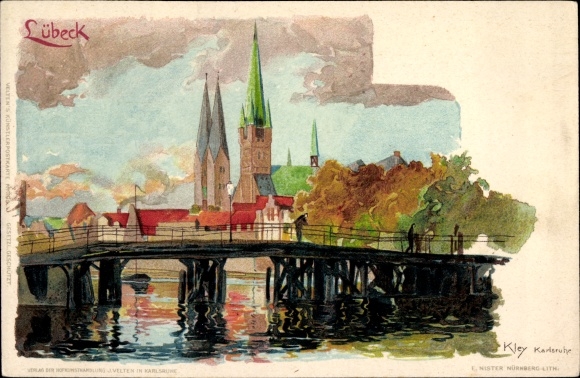 Artist Chromo-Litho Kley, Heinrich, Lübeck, bridge, church