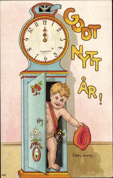 Artist PC Nyström, J., Happy New Year, child, clock