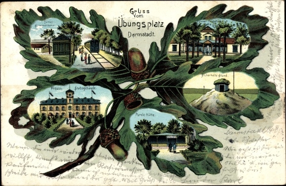 Oak leaf litho Darmstadt in Hesse, military training area, staff building