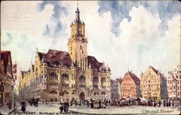 Artist PC Flower, Charles, Stuttgart, City Hall and Market Square, Tuck 653B