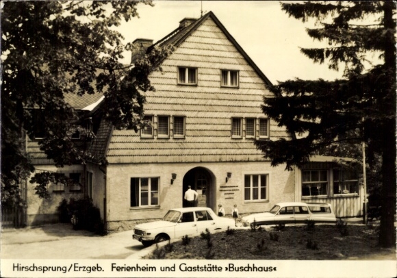 Postcard Hirschsprung Altenberg Erzgebirge, holiday home and restaurant Buschhaus, building in the Erzgebirge...