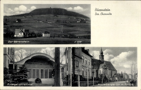 Postcard Bärenstein Altenberg Erzgebirge, war memorial, Annaberger Straße, church