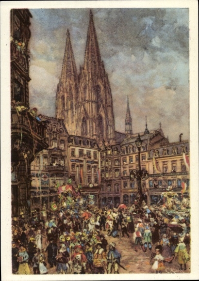 Postal stationery artist PC Cologne on the Rhine, carnival, parade, cathedral