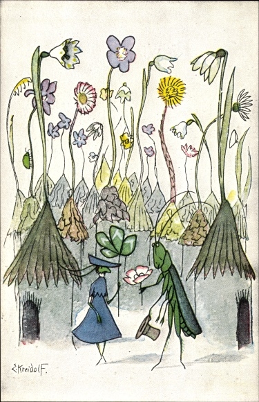 Artist PC Kreidolf, Ernst, grasshopper couple, well-wisher, art warden picture card No. 205