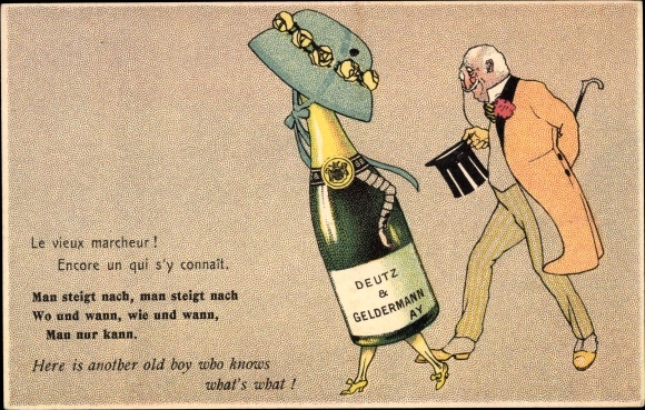 Postcard Humanized champagne bottle as a woman, admirer, Deutz & Geldermann