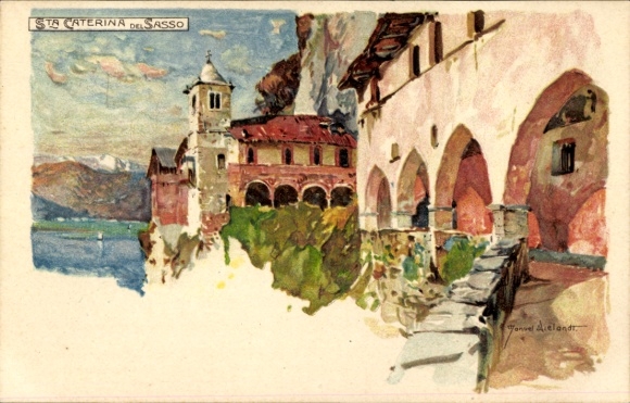 Kunstenaar litho Wielandt, Manuel, Leggiuno Lombardia, klooster van Santa Caterina del Sasso, stad