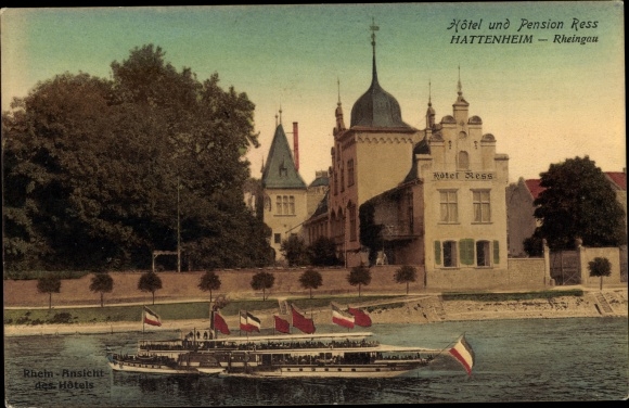 PC Hattenheim Eltville am Rhein Hessen, Hotel Pension Ress, Rhine party with steamer, flags